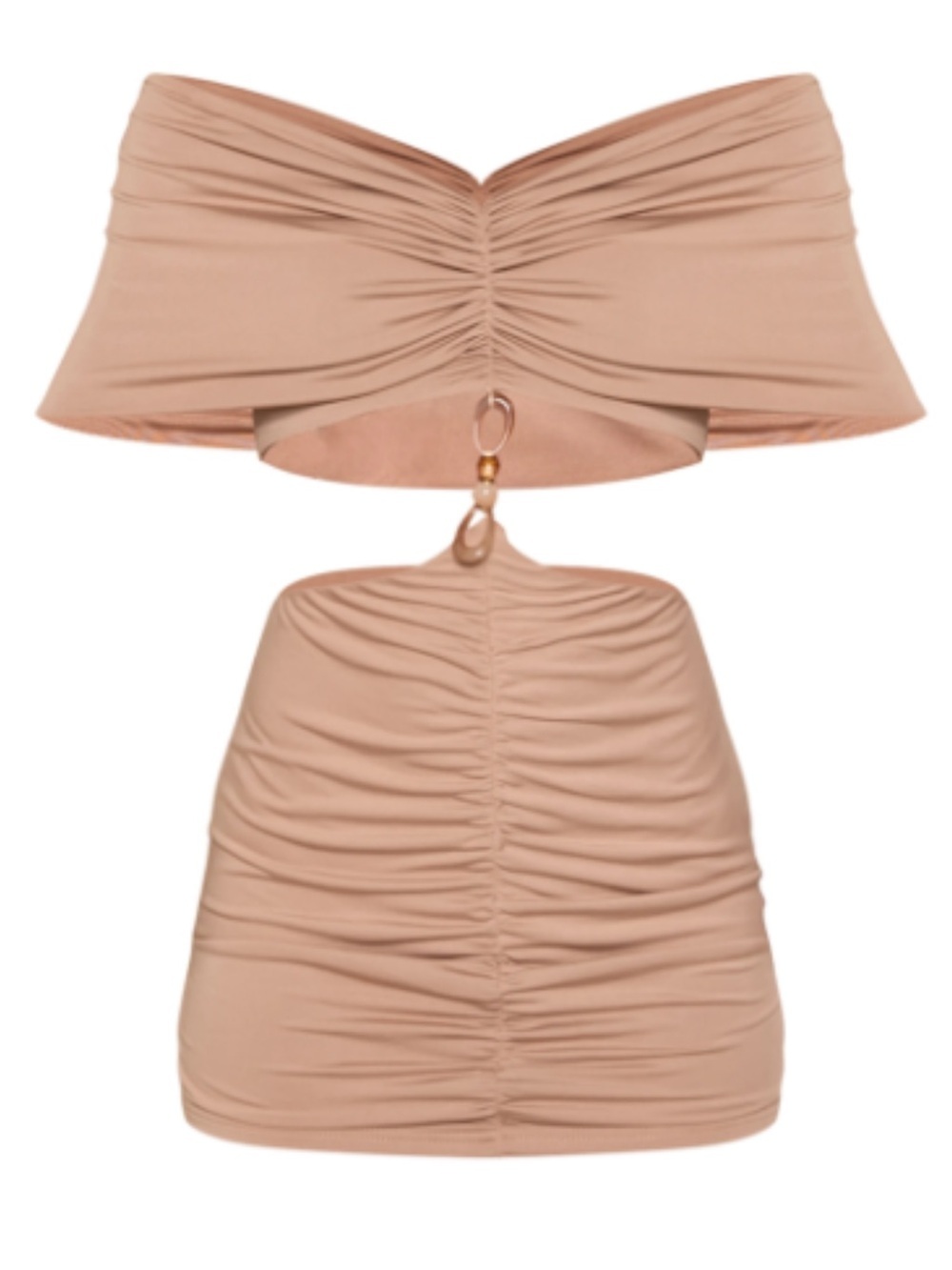 NWT PrettyLittleThing Nude Ruched Cut Out Mini Dress with Beaded Detail
